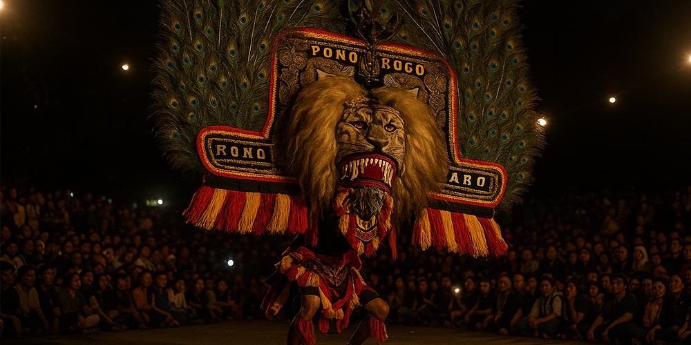Singa Barong berdiri megah di tengah gelap malam, jadi saksi bahwa Reog Ponorogo bukan sekadar pertunjukan, melainkan warisan jiwa dan keberanian rakyat.