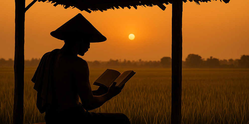 Seorang petani membaca buku di tepi sawah saat matahari terbenam&mdash;simbol kesadaran baru bahwa pengetahuan adalah benih perubahan dalam dunia pertanian.