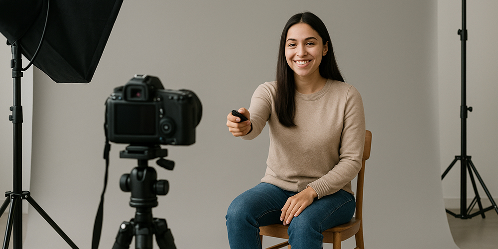 Ilustrasi seorang wanita sedang berpose dalam studio self poto