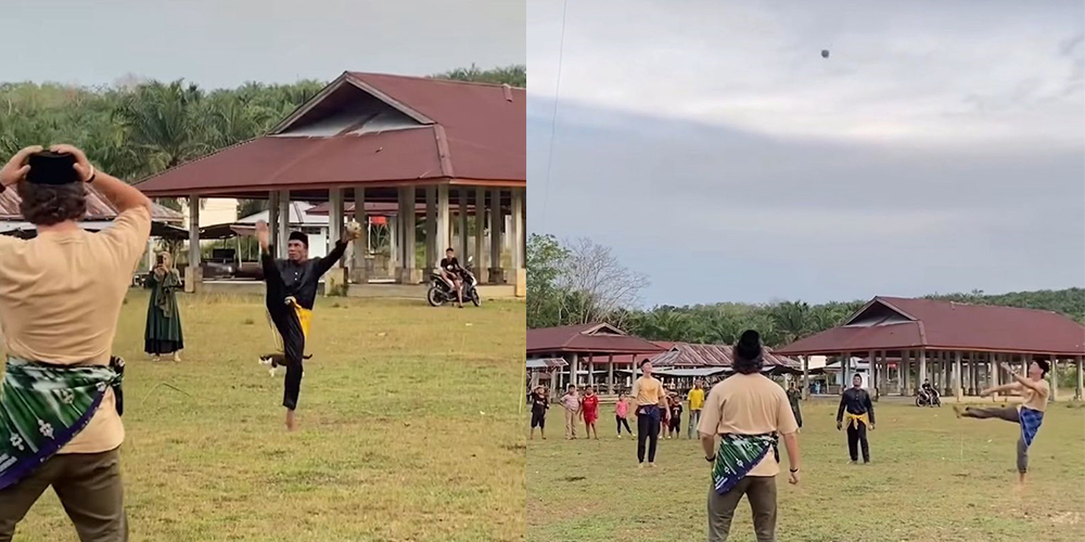 Tiga warga asing asal Amerika ikut mencoba permainan tradisional Sepak Rago Tinggi di Kenegerian Kopah, Kuantan Singingi, Riau. Mereka berbaur bersama masyarakat dalam ajang pelestarian budaya