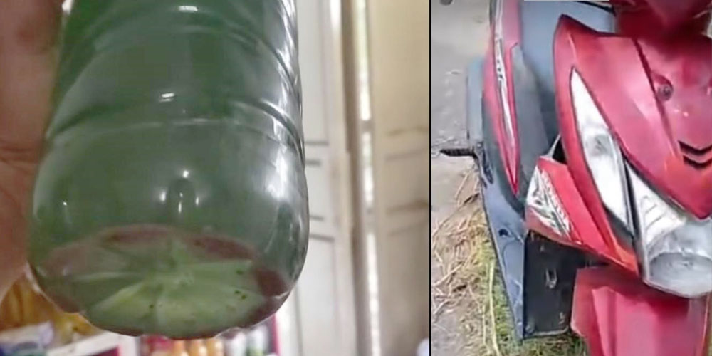Sejumlah warga Tuban menunjukkan sampel Pertalite yang tampak keruh dan bercampur endapan (kiri). Motor milik warga mati mendadak usai pengisian bahan bakar tersebut (kanan).