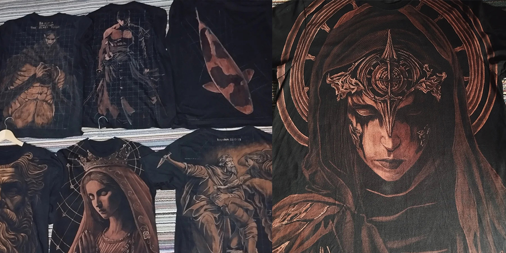 Deretan karya bleach painting di atas kaos hitam &mdash; tiap guratan oranye dan cokelatnya tercipta dari cairan pemutih yang diolah jadi medium seni penuh karakter.