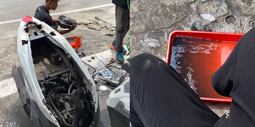 Seorang mekanik membongkar tangki motor warga yang mogok usai mengisi pertalite. Cairan dari tangki tampak keruh diduga tercampur air. Kasus serupa kini marak dilaporkan di Tuban dan sekitarnya.