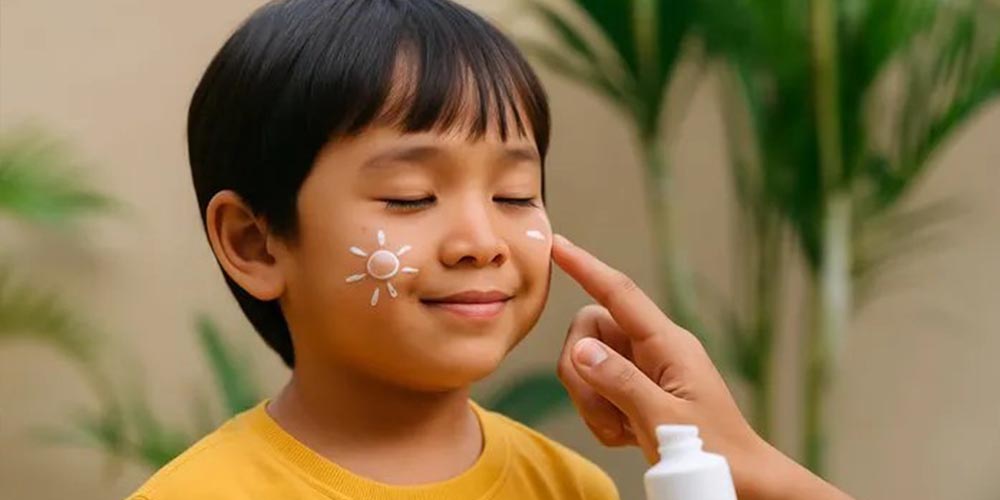 Seorang anak tengah dioleskan sunscreen di wajahnya sebelum bermain di luar rumah. Perlindungan sejak dini penting agar kulit anak tetap sehat dan terhindar dari paparan sinar UV berlebih.