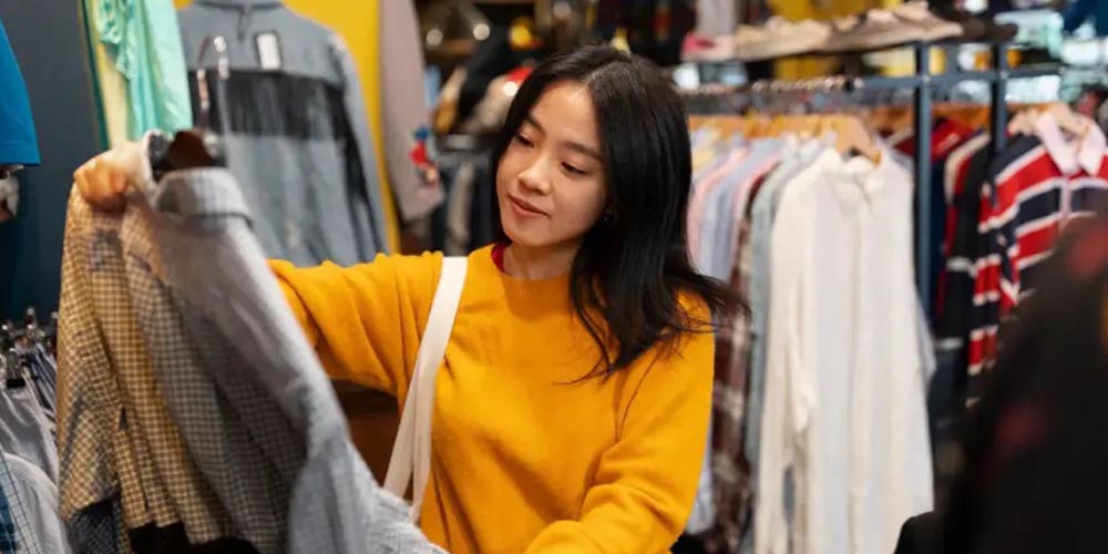 Seseorang sedang memilih baju di sebuah toko menjual second hand atau lebih dikenal dengan thrifting yang semakin marak dan populer di Indonesia