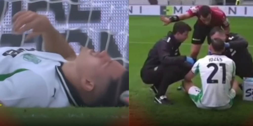 Momen Jay idzes saat tergeletak kesakitan setelah mengahalang bola tembakan dari tim lawan Atlanta dengan wajahnya, sehingga mendapatkan perawatan oleh tim medis
