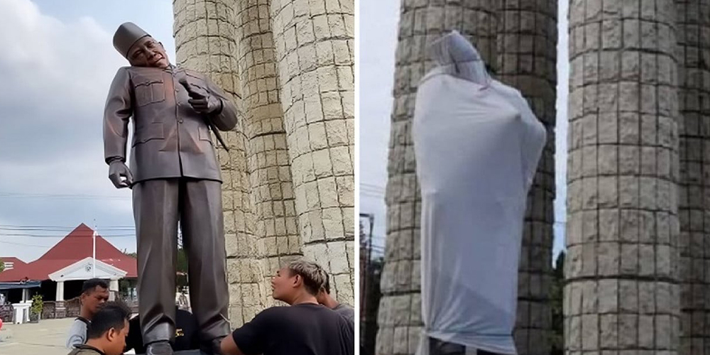 Patung Ir. Soekarno di Alun-Alun Indramayu tampak miring dan retak pada bagian leher setelah tertimpa tenda acara yang roboh akibat angin kencang.