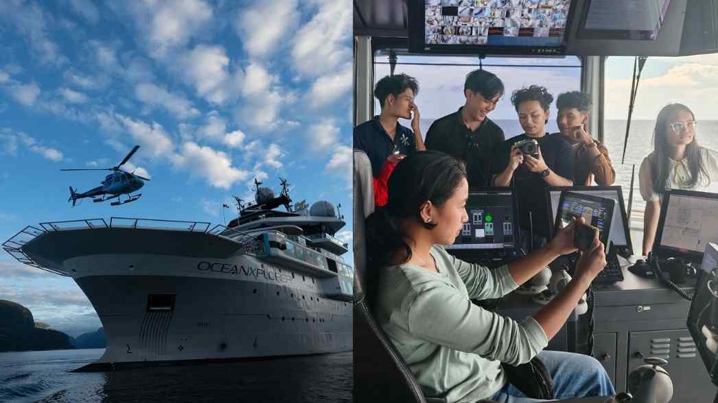 Para Tanoto Scholar tengah melihat-lihat dan mengabadikan momen di dalam kapal riset OceanXplorer selama mengikuti program OceanX Young Explorers 2025
