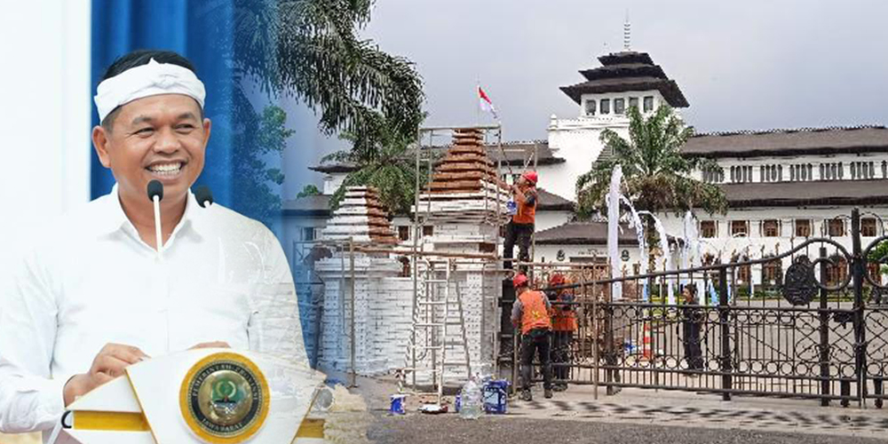 Pekerja menyelesaikan pembangunan gapura bergaya Candi Bentar di area depan Gedung Sate, proyek yang tengah menuai pro dan kontra publik