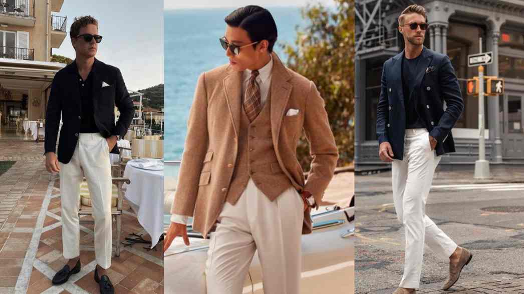 Gaya old money para pria modern: paduan blazer klasik, celana putih bersih, serta aksesori minimalis yang menghadirkan kesan elegan, rapi, dan effortless di setiap kesempatan.