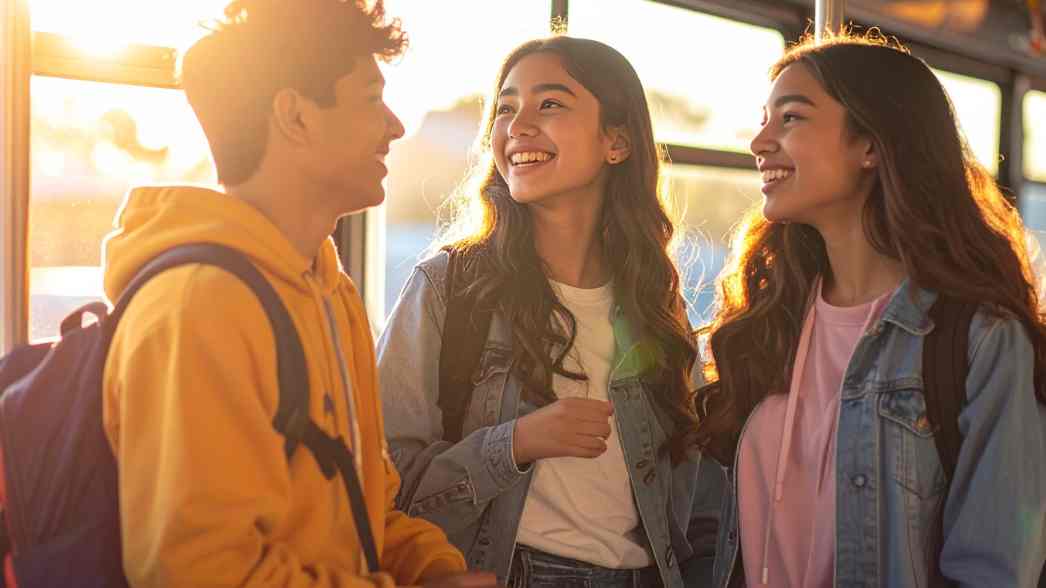 Sejumlah remaja terlihat berbincang santai dan tersenyum saat bertemu, menggambarkan interaksi hangat dan spontan yang akrab di kalangan Gen Z.