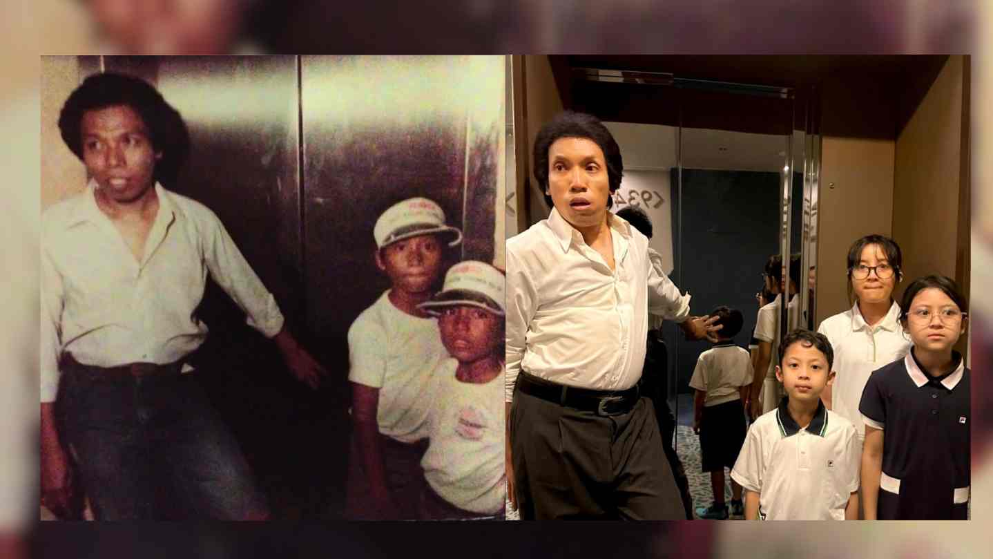 Foto kiri: Desta dan kakaknya berpose dengan Dono Warkop DKI 40 tahun lalu. Foto kanan: kini giliran anak-anak Desta berfoto dengan sang ayah saat memerankan Dono. Momen nostalgia lintas generasi.