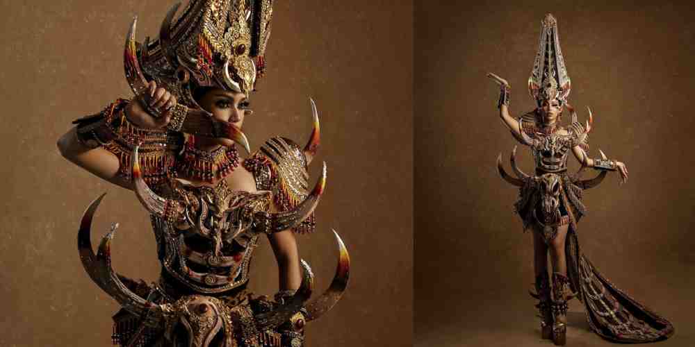 Salma Ranggita tampil menawan dengan kostum nasional bertema Toraja &lsquo;Lakian Sang Tedong&rsquo;, menonjolkan simbol kekuatan dan warisan budaya Indonesia