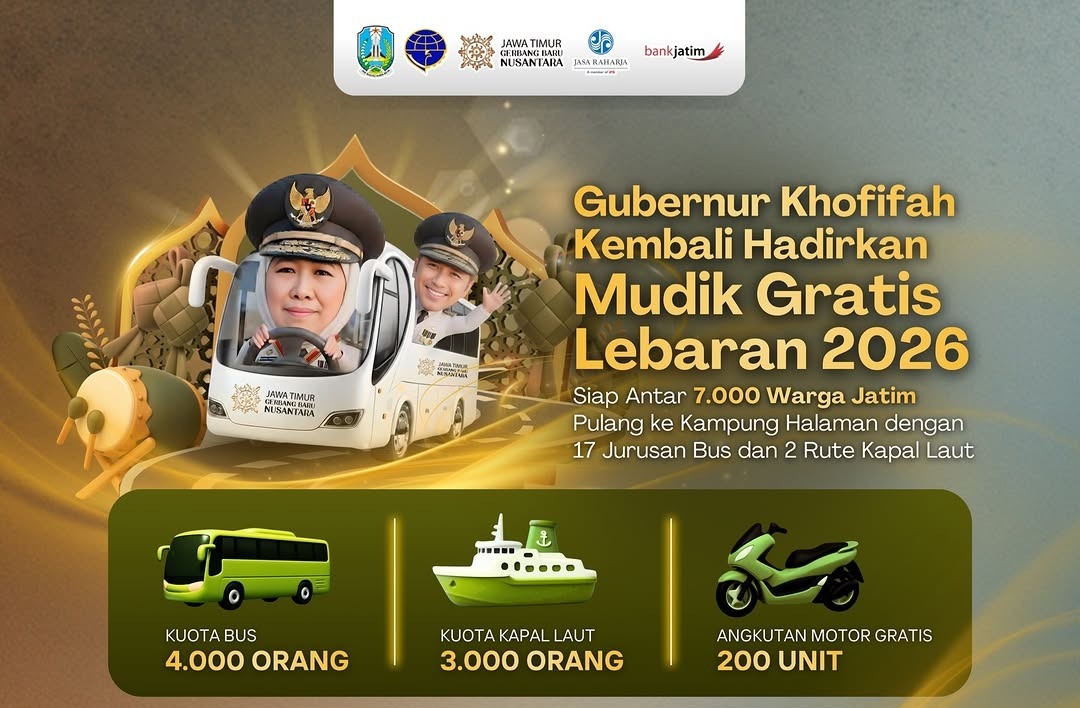 Mudik Lebaran 2026 makin tenang! Pemprov Jatim siapkan 17 rute bus dan 2 rute kapal gratis untuk 7.000 pemudik. Segera daftar sebelum kuota habis!