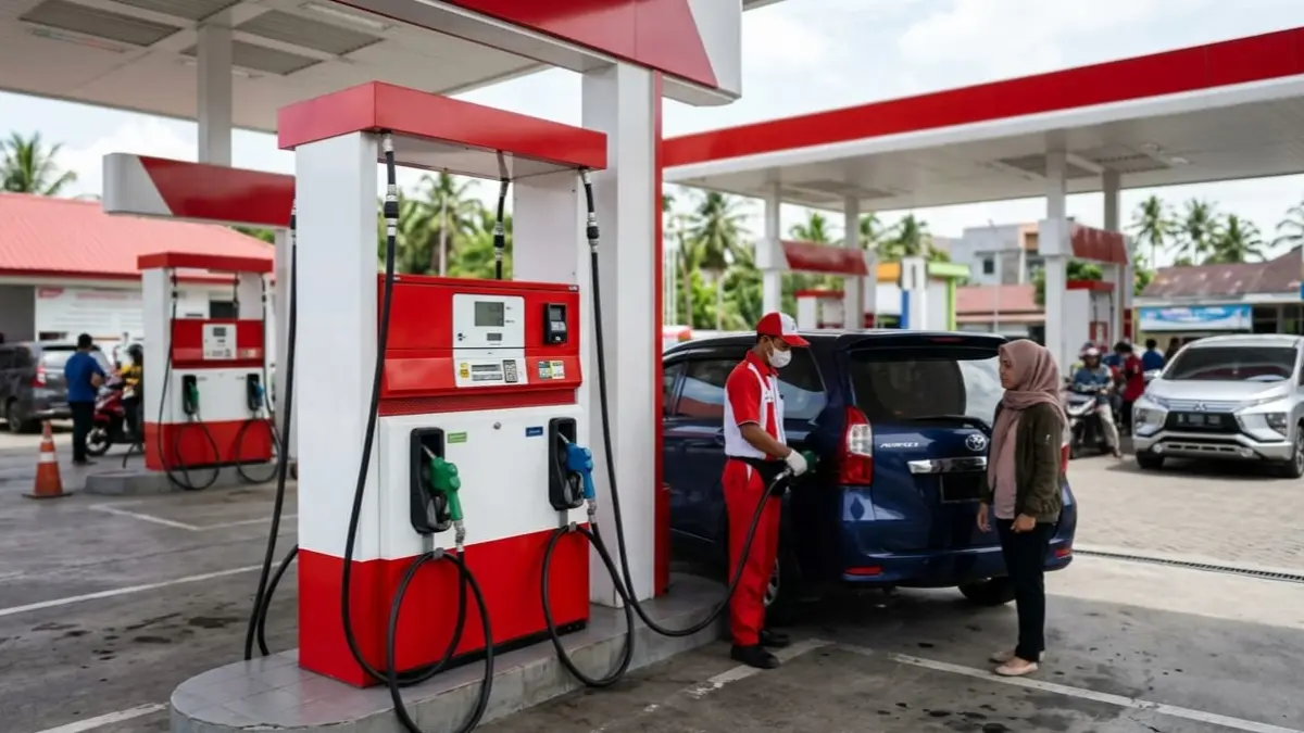 Di tengah tekanan global, menghemat BBM jadi langkah penting yang bisa dilakukan mulai dari kebiasaan sederhana sehari-hari. (Ilustrasi SPBU: AI)