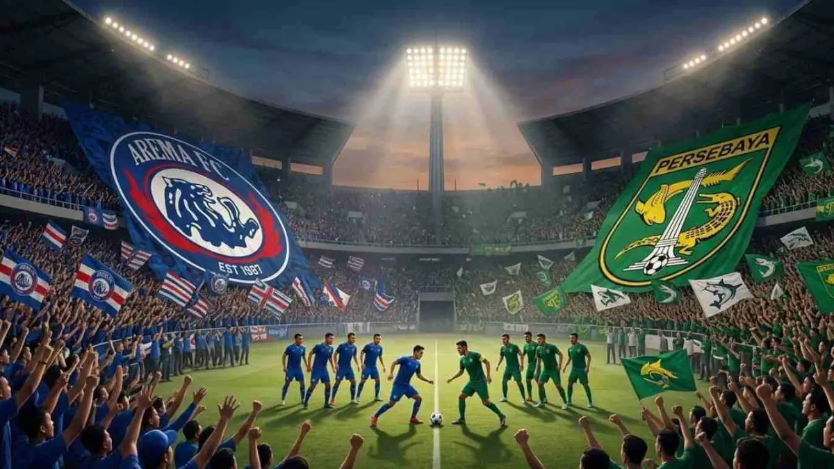 Derby panas Arema FC vs Persebaya makin serius! Pengamanan diperketat demi laga aman dan jadi momentum kebangkitan sepak bola Jatim. (Ilustrasi Derby Jatim Arema fc vs Persebaya Surabaya: AI)