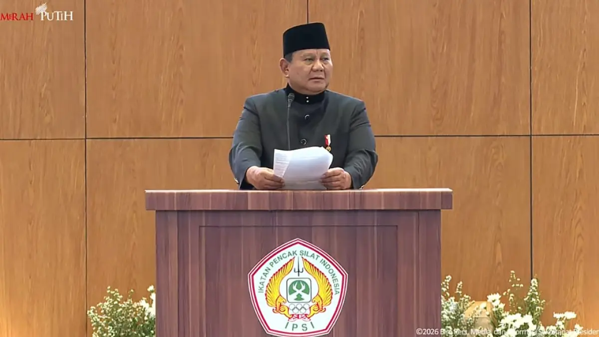Prabowo Subianto minta maaf karena pencak silat belum masuk Olimpiade dan berharap generasi penerus mampu mewujudkannya di masa depan (Sumber: YouTube sekretariat presiden)