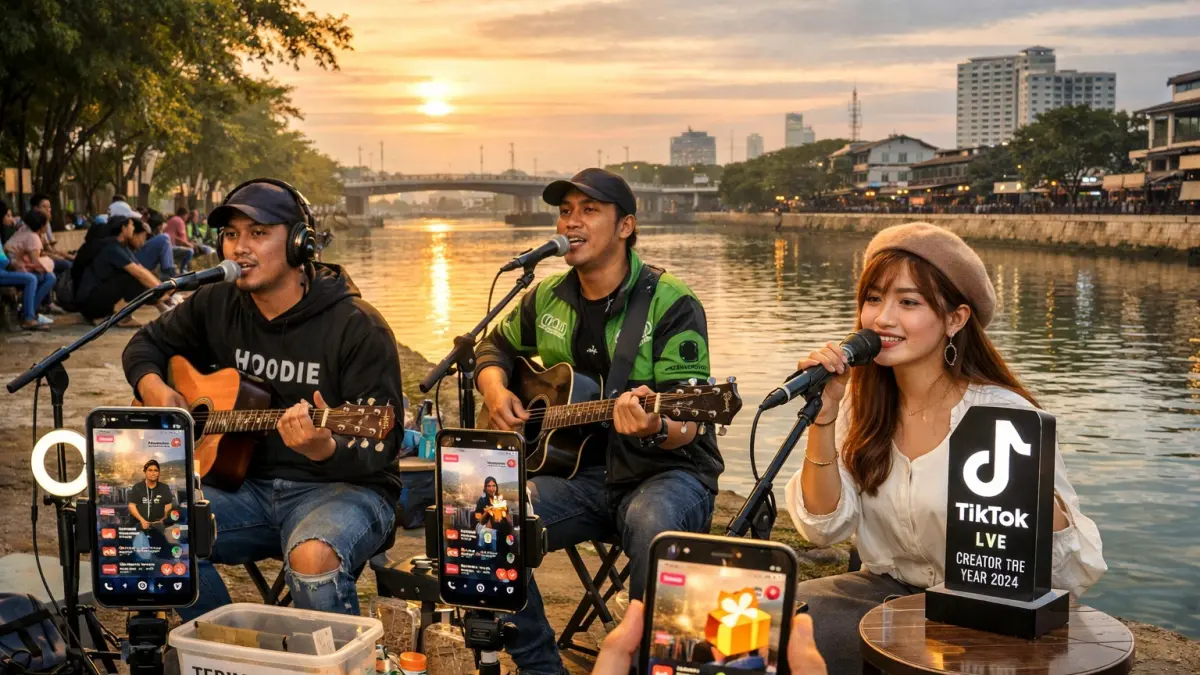 Ngamen digital di BKT jadi tren baru, kreator konten raup cuan dari live streaming dengan kreativitas dan konsistensi (Sumber Foto: Gemini AI)