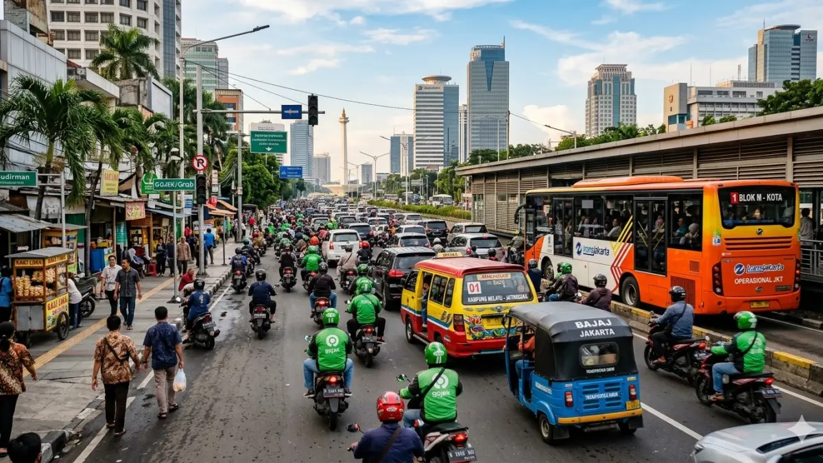 Kemacetan yang merugikan hingga Rp100 triliun per tahun menjadi peringatan serius bahwa pembenahan transportasi publik adalah kunci menuju Indonesia Emas 2045. (Sumber : Gemini AI)