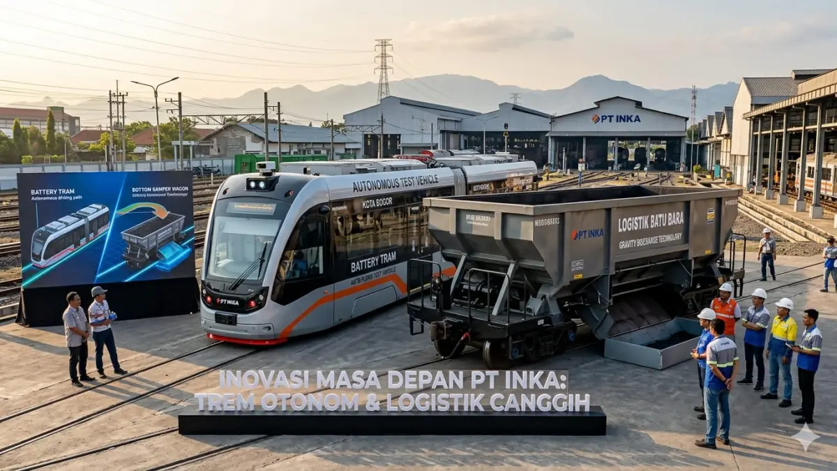 PT INKA menghadirkan inovasi trem otonom dan gerbong logistik modern untuk mendorong transportasi masa depan yang efisien dan ramah lingkungan. (Sumber Foto: Gemini AI)