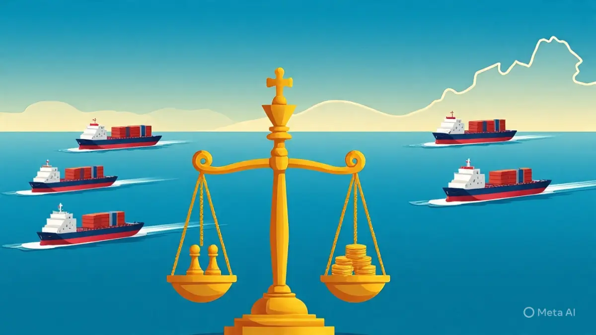 Wacana pajak kapal di Selat Malaka memicu perdebatan antara peluang ekonomi dan risiko geopolitik global. (Ilustrasi kapal dan timbangan)
