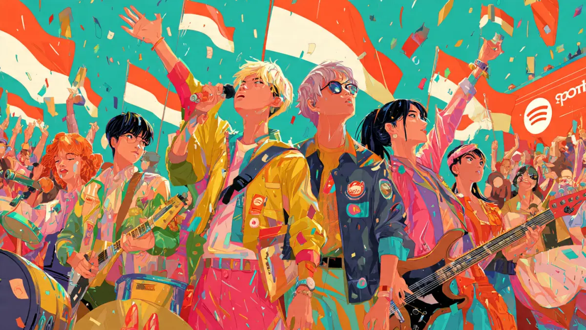 Musik Indonesia kini makin berjaya di Spotify. Dominasi K-Pop mulai tergeser oleh lagu-lagu lokal yang lebih relate bagi pendengar RI. (Ilustrasi anak bangsa bermusik-Sumber: AI)