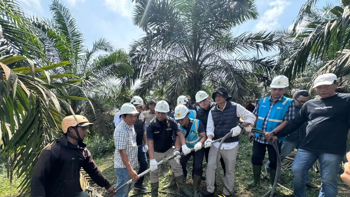 Tim dari Direktorat Tipidter Bareskrim Polri menerjunkan tim ke titik putus sambungan Sutet 175 - 176 Desa Tempino, Kecamatan Mestong, Kabupaten Muara Jambi, Jambi. Polisi menyelidiki penyebab black out yang terjadi di beberapa wilayah Sumatera. (Istimewa)