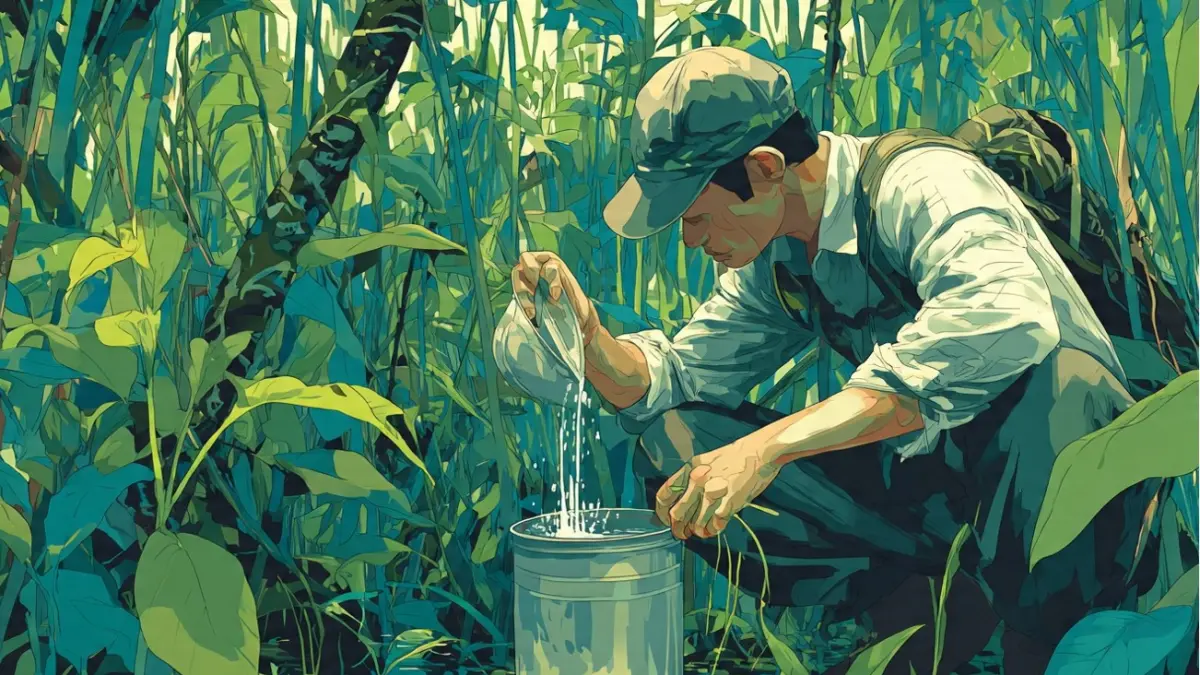 Saat tersesat di hutan dan kehabisan air, ternyata beberapa batang tanaman bisa menjadi sumber air bersih alami yang menyelamatkan nyawa. (Ilustrasi mencari air di hutan belantara 
Sumber: AI)