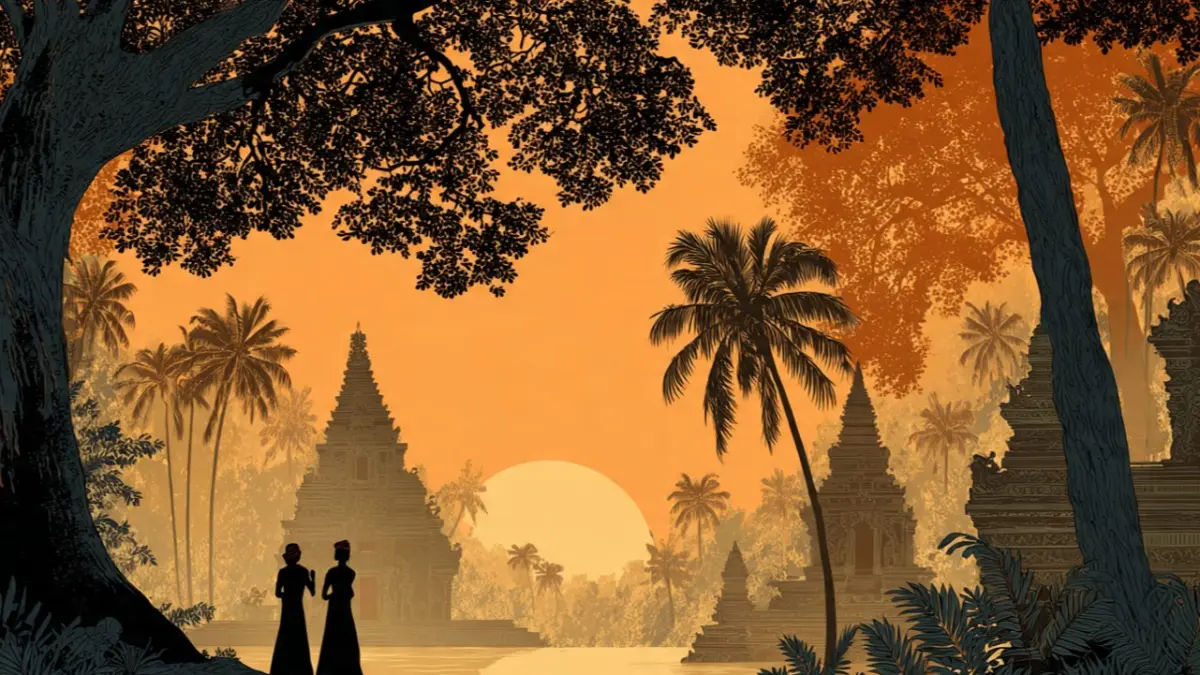 Di balik relief batu Candi Jawi di Pasuruan, ternyata tersimpan kisah cinta romantis antara Pangeran Sutasoma dan Dewi Candrawati yang sempat membingungkan para arkeolog selama bertahun-tahun. (Ilustrasi suasana romantis Jawa kuno/AI)
