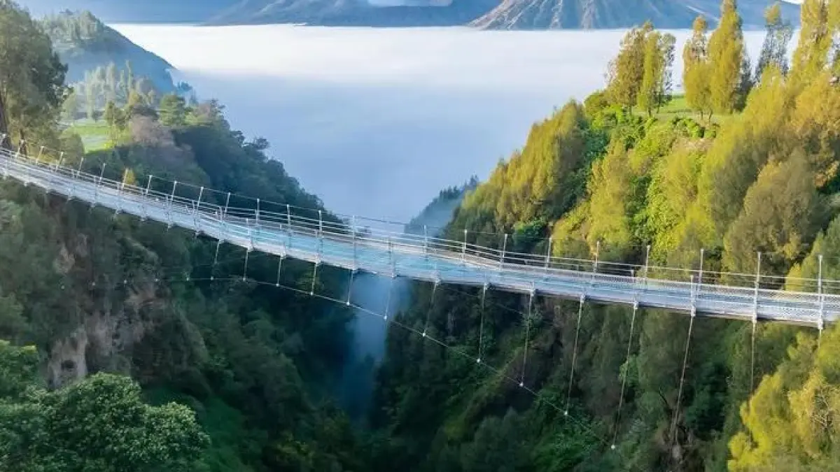 Setelah lama dinanti, Jembatan Kaca Bromo akhirnya siap dibuka untuk umum. Pengunjung akan merasakan sensasi berjalan di atas lantai kaca transparan dengan latar Gunung Bromo, Gunung Batok, dan Semeru yang menakjubkan.    (Sumber: Instagram @ussfeeds)