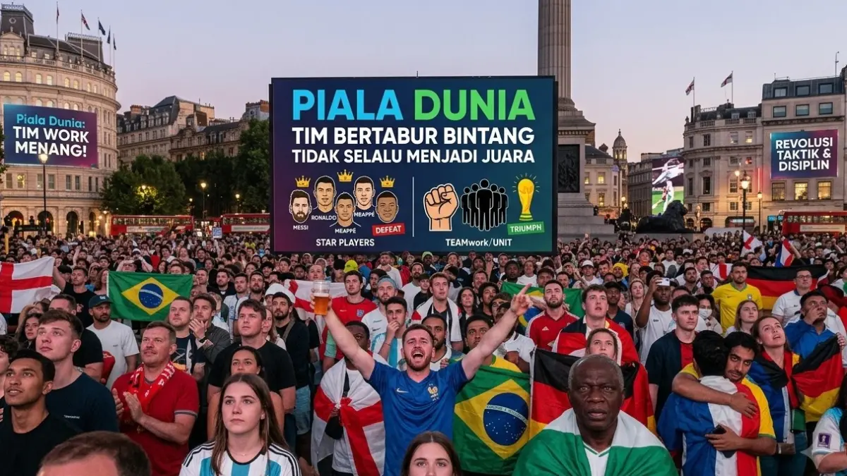 fenomena unik Piala Dunia: tim dengan deretan pemain bintang tidak selalu berhasil meraih trofi. Ada faktor kerja sama, strategi, mental, hingga kejutan dari tim underdog yang membuat turnamen ini penuh drama. (photo by Gemini.ai)