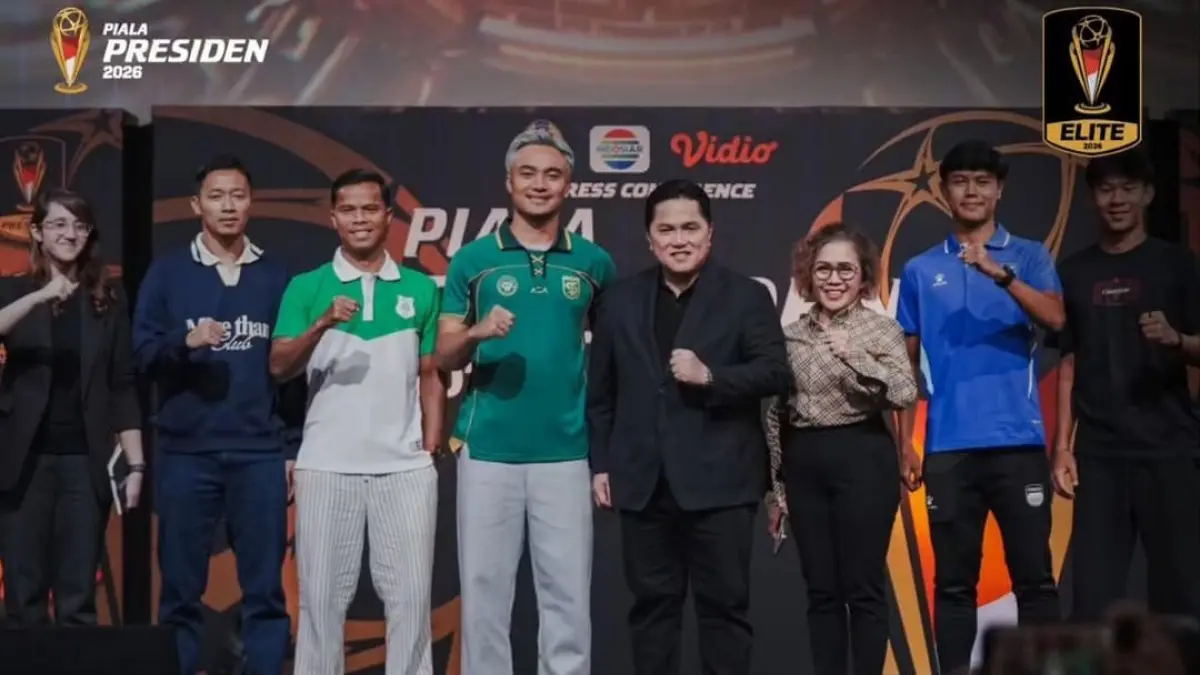 Konferensi pers gelaran piala presiden 2026 yang dihadiri perwakilan klub peserta dan ketum PSSI, Erick Thohir.  (Sumber foto: Instagram/officialpialapresiden)