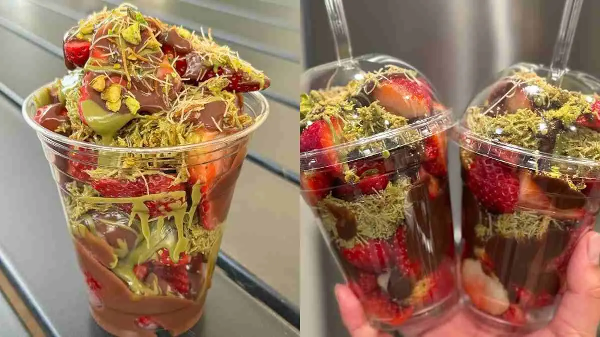 Stroberi segar, cokelat premium yang lumer, pistachio gurih, dan kunafa renyah berpadu dalam Dubai Chocolate Strawberry Cup. Tak heran dessert viral ini sukses bikin pencinta makanan manis ketagihan. (instagram.com/charees_sweetescape)