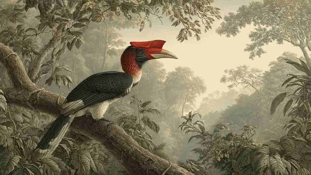 Bukan karena daging atau bulunya, Burung Rangkong Gading justru diburu karena paruhnya yang bernilai puluhan juta rupiah. Kini populasinya terus menyusut dan terancam punah. (sumber: AI)