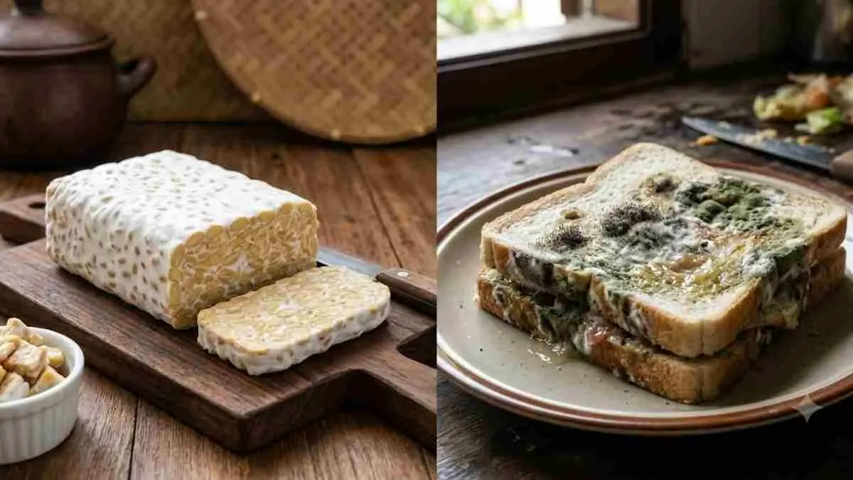Masih takut makan tempe karena ada jamur putih? Ternyata jamur pada tempe justru menjadi tanda fermentasi yang berhasil. Lalu mengapa jamur di roti atau nasi basi berbahaya? (Ilustrasi makanan berjamur termasuk tempe: Ai)