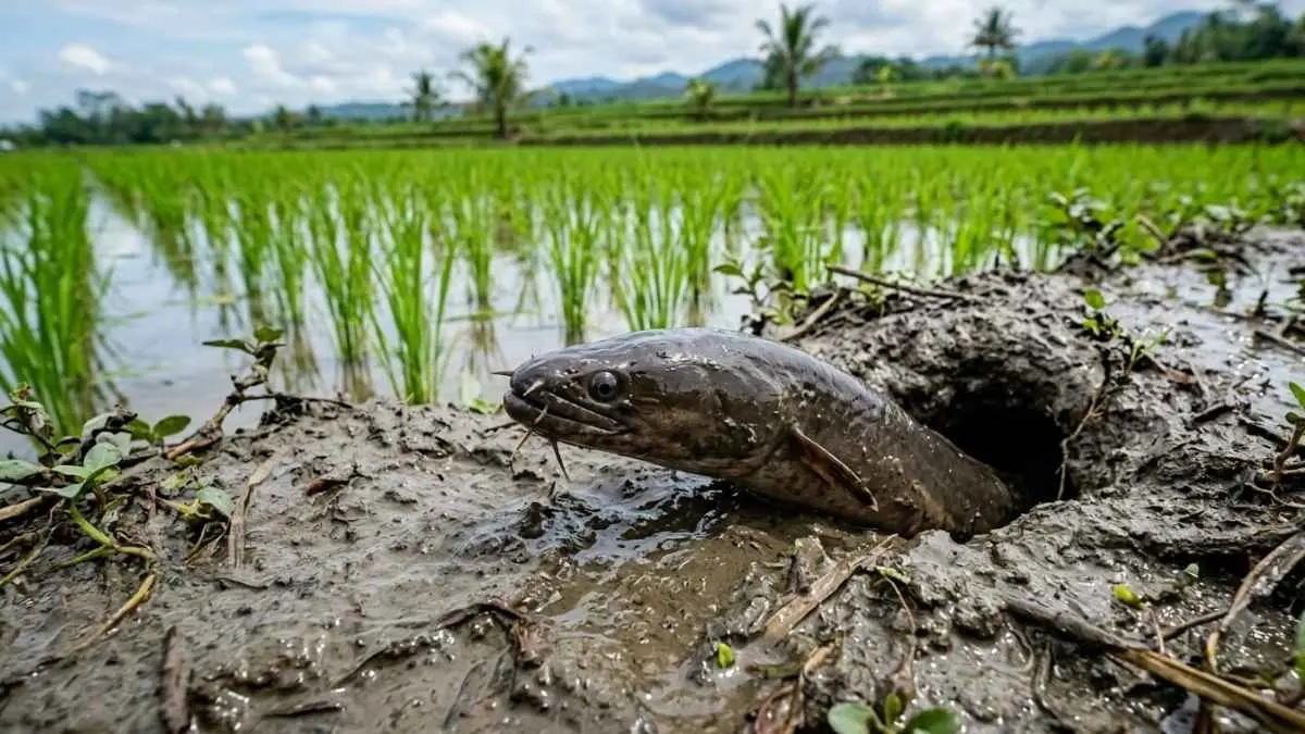 Lubang belut di sawah terlihat sederhana, tetapi menyimpan fakta ilmiah yang menarik. Mengapa terowongan itu tetap kokoh meski berada di lumpur yang lembek dan tergenang air? Ternyata jawabannya berkaitan dengan kandungan tanah liat, teknik menggali belut, hingga bentuk terowongan yang dirancang secara alami. (Ilustrasi lubang belut di sawah: Ai)