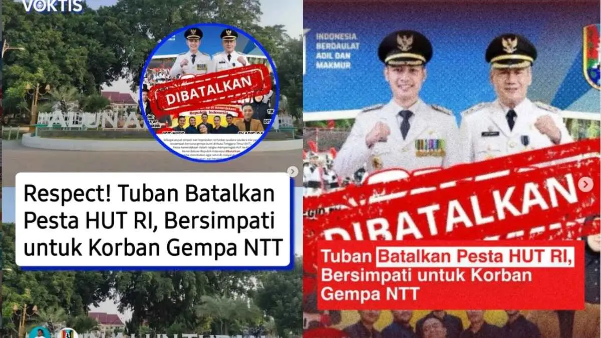 Keputusan Pemkab Tuban membatalkan Pesta Kemerdekaan HUT ke-81 RI sebagai bentuk solidaritas untuk korban gempa NTT justru menuai banyak apresiasi dari netizen. Informasinya ramai direpost sejumlah akun media sosial. Salah satu komentar bahkan menyebut keputusan tersebut sebagai bukti empati dan solidaritas yang sebenarnya. (instagram.com/storyrakyat & voktis.id)