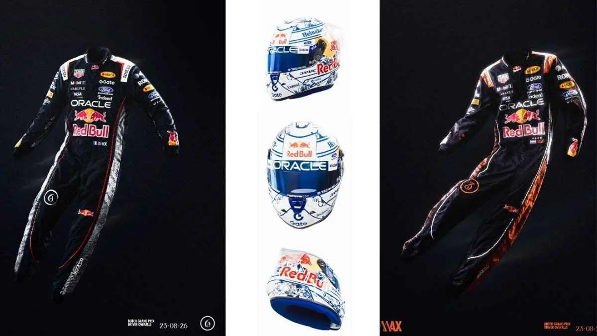 Race suit khusus Max Verstappen (kanan) dan Isack Hadjar (kiri), serta desain helm spesial yang akan digunakan Verstappen pada GP Belanda di Zandvoort. Sumber: Instagram @redbullracing.