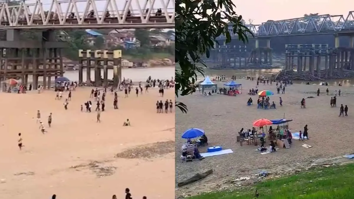 Musim kemarau membuat debit Sungai Kapuas menyusut dan hamparan pasir yang biasanya berada di bawah air muncul ke permukaan. (instagram.com/kulturdomestik)