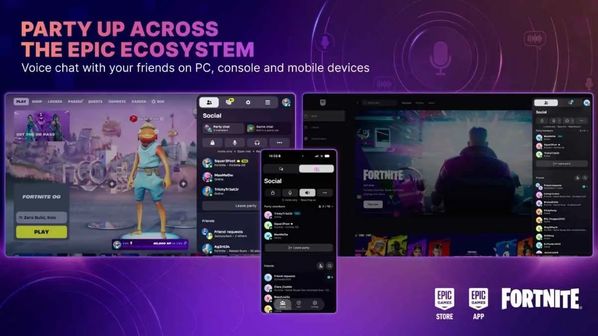 Epic Games mulai serius menantang Discord? Epic Parties memungkinkan pemain ngobrol bareng teman lintas perangkat, bahkan saat sedang memainkan game berbeda. Fitur ini juga terhubung dengan Fortnite dan bakal dikembangkan lebih luas ke ekosistem game lainnya. (@EpicGames/X)