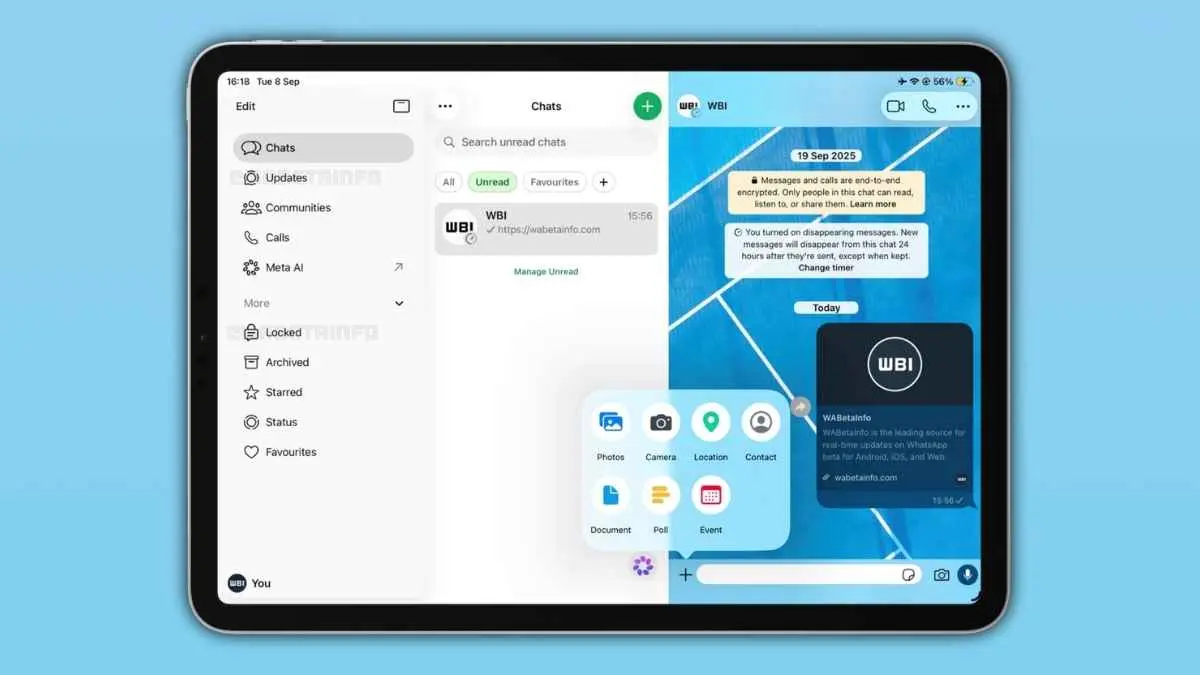 WhatsApp di iPad kini mulai tampil lebih mirip versi Mac dengan sidebar baru di sisi kiri. (wabetainfo.com)