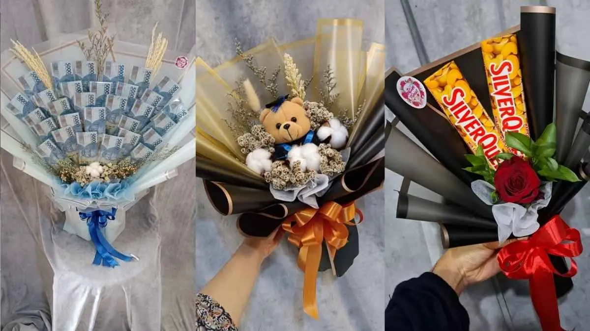 Bucket sekarang bukan cuma soal bunga. Camilan, boneka hingga berbagai hadiah custom bisa dibuat menjadi rangkaian menarik. (intanflorist.com)