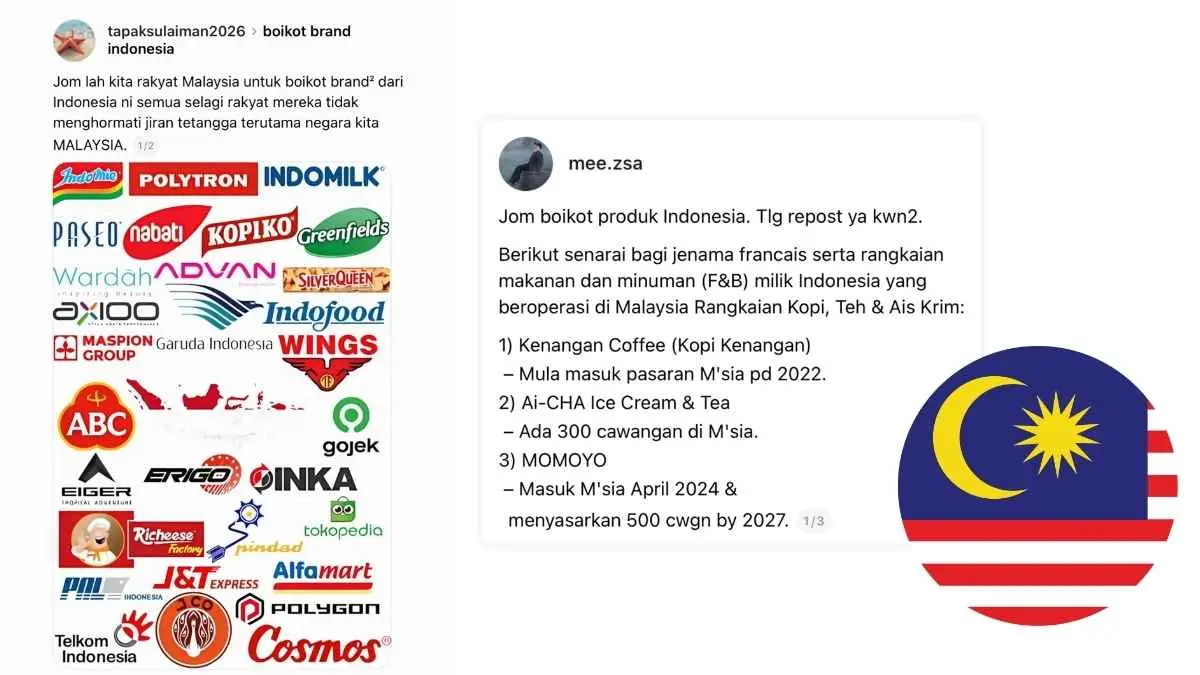 Sejumlah merek makanan dan minuman asal Indonesia masuk daftar boikot yang diunggah seorang netizen Malaysia di Threads. Seruan itu disebut dipicu unggahan yang diduga menghina Raja Malaysia. Namun, konten yang dimaksud belum diketahui secara jelas. (instagram.com/kulturdomestik)