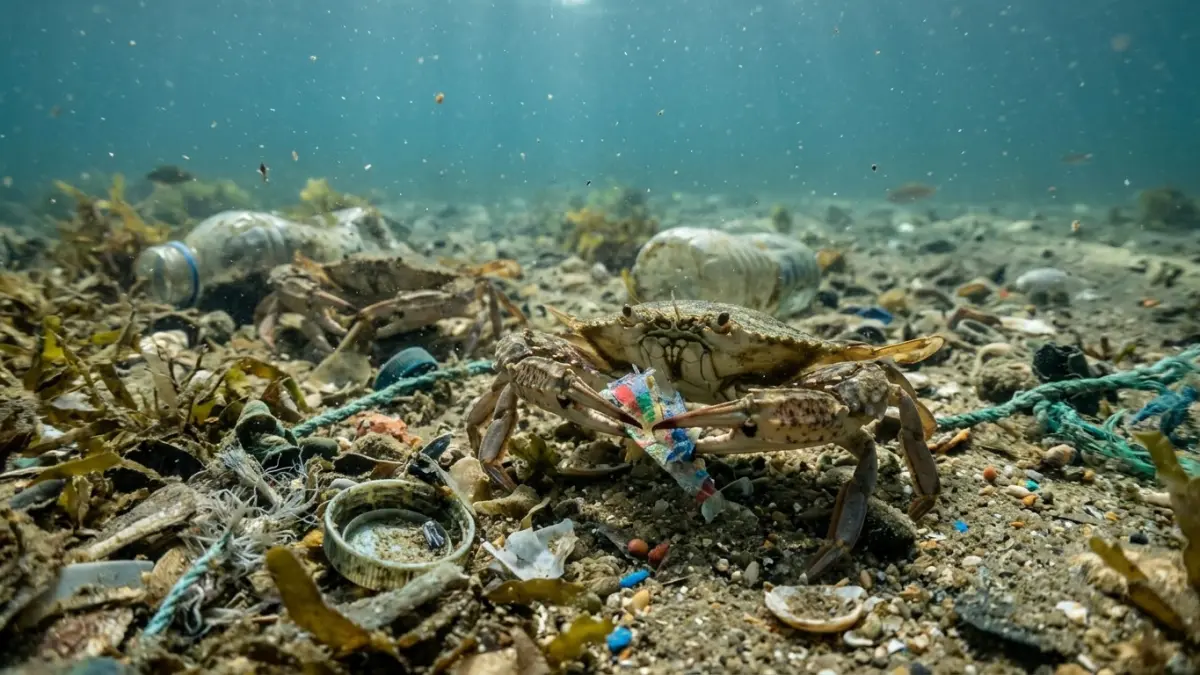 Kepiting sedang berinteraksi dan tampak mengonsumsi serpihan limbah plastik di dasar laut yang tercemar. (Ilustrasi AI)