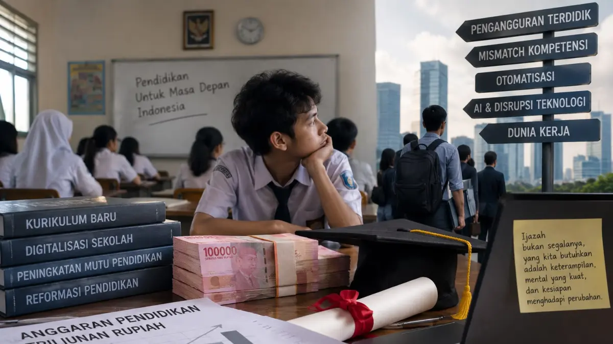Anggaran pendidikan terus digelontorkan, tetapi kesenjangan kompetensi dan kesiapan lulusan menghadapi dunia kerja masih menjadi persoalan. (ilustrasi AI)