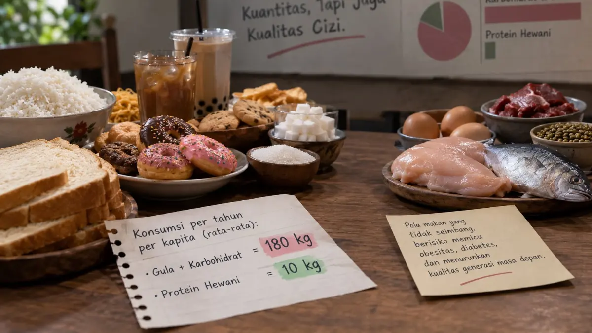 Dominasi gula dan karbohidrat dalam pola makan menjadi ancaman di tengah rendahnya konsumsi protein hewani. (ilustrasi AI)
