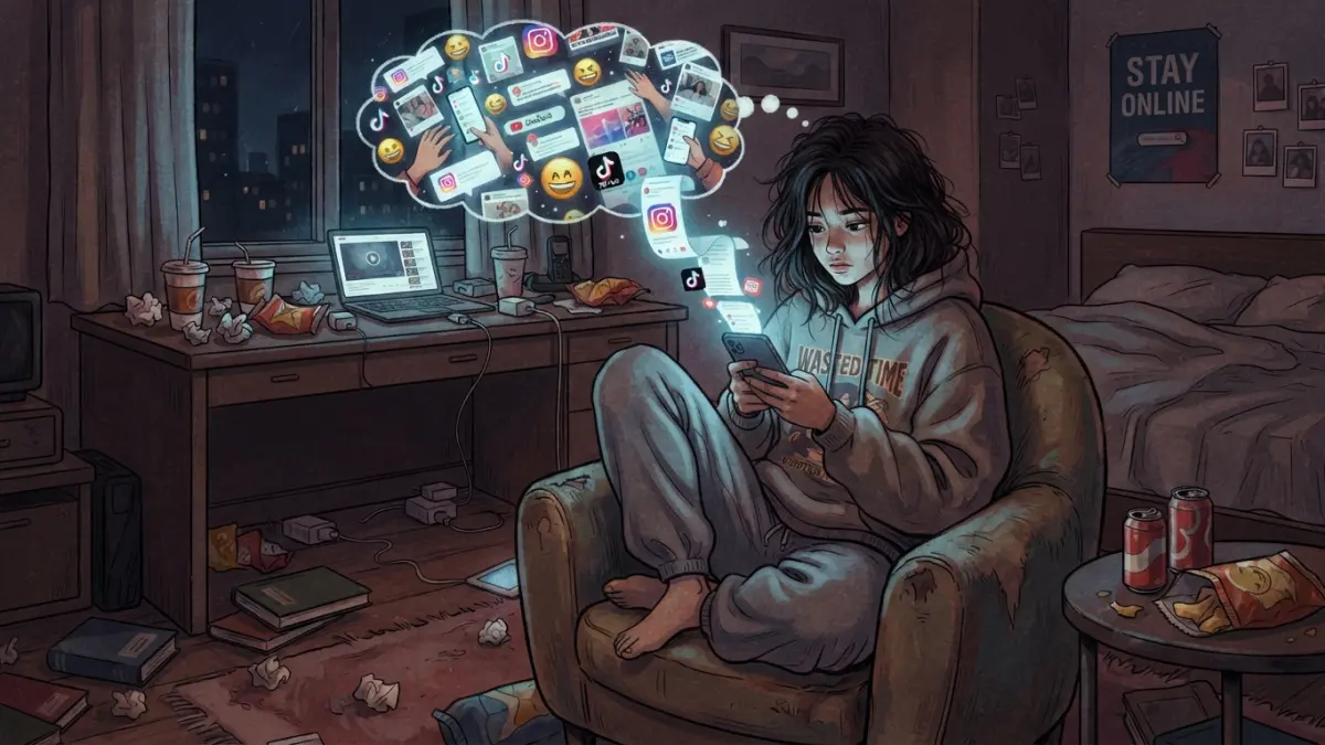 Ilustrasi anak muda yang kecanduan bermain ponsel hingga malam. (ilustrasi AI)