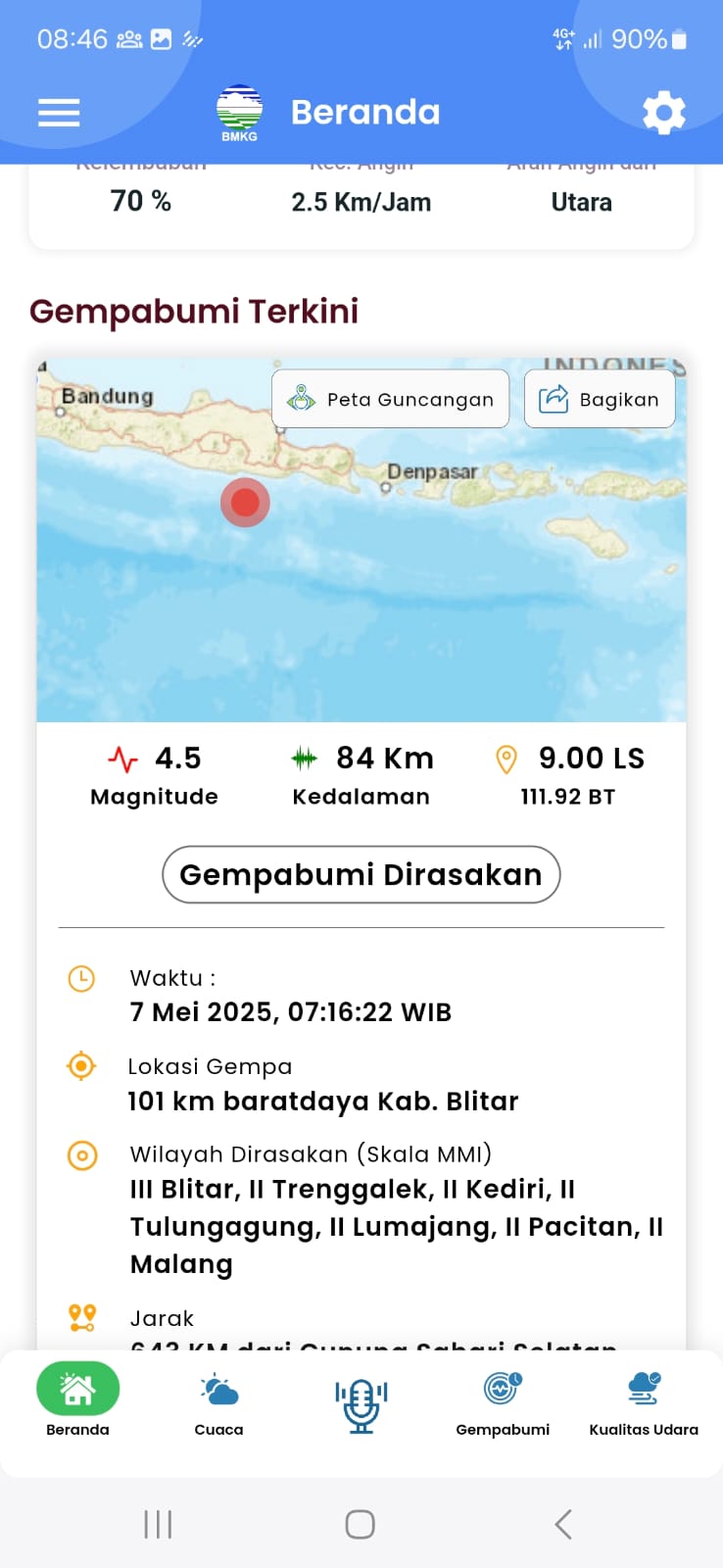 Laporan terjadinya gempa oleh BMKG