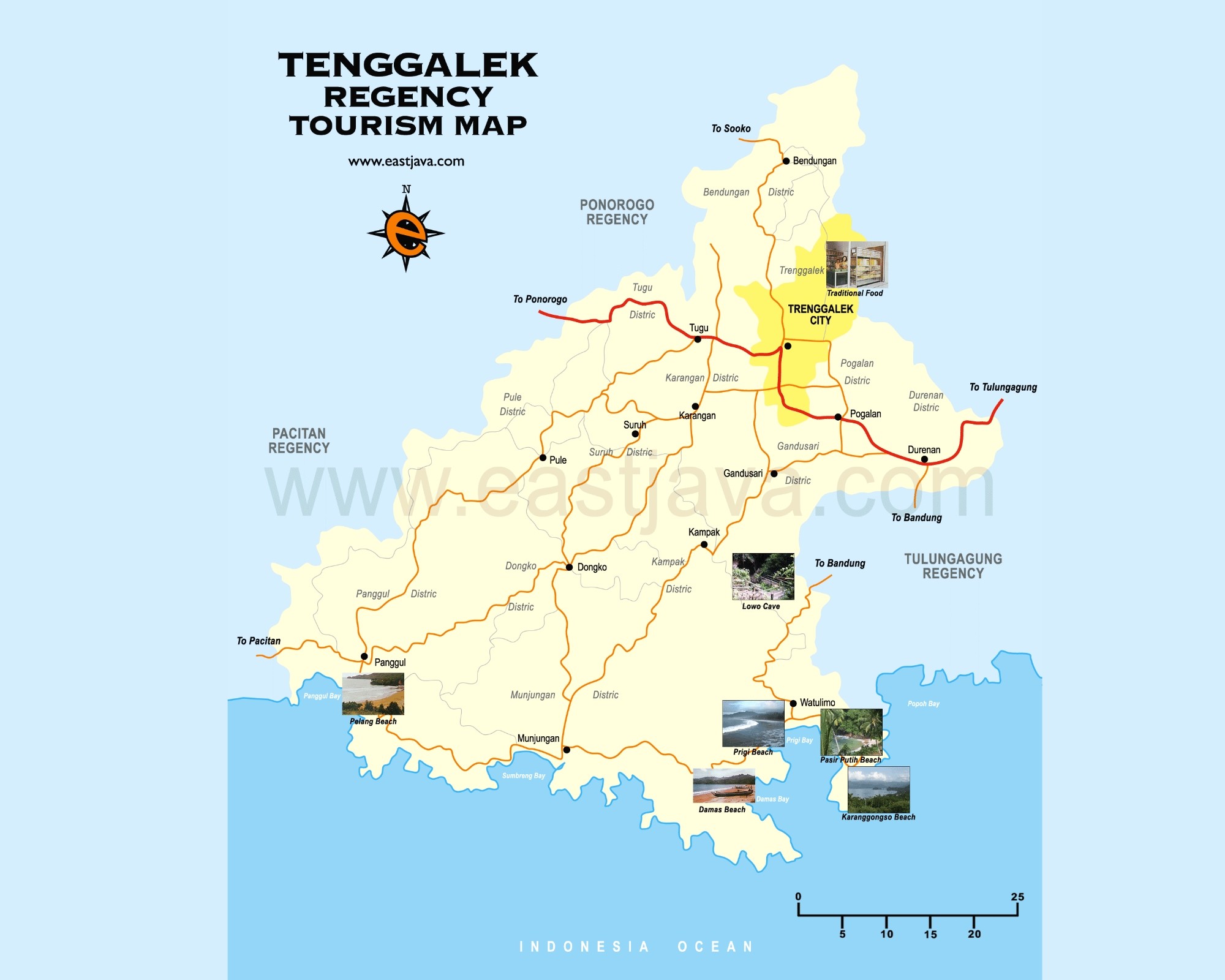 Peta Kabupaten Trenggalek dengan potensi wisatanya.