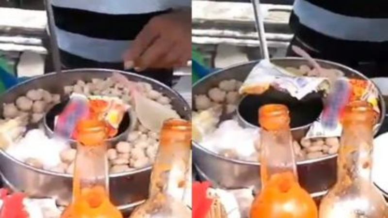 Cuplikan merebus mie dengan plastik.